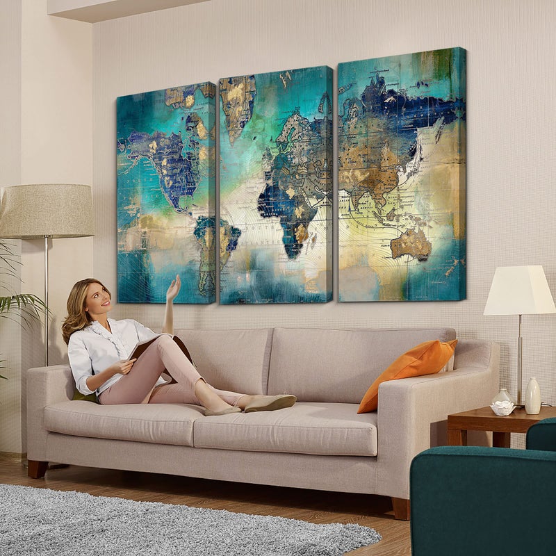 Pogusmavi Canvas Wall Art for Living Room - World Map Wall Decor - Large Wall Art for Bedroom - Office Artwork - Map Wall Art 16"x32" 3 Piece Canvas Wall Art - Image 2